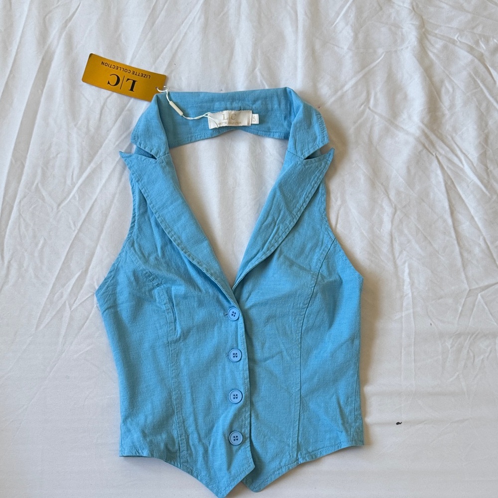 Blue Sleeveless Button-Up Vest